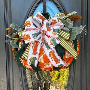 Festive Orange Pumpkin Wreath with Truck Ribbon